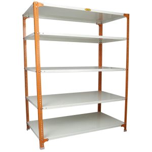 Mil-Nil Prime CRC Sheet 5 Shelf Multipurpose Slotted Angle Rack, 60 x 47 x 24 Inch, 20 Gauge [(Orange-Ivory) Powder Coating] 14 Gauge Angles