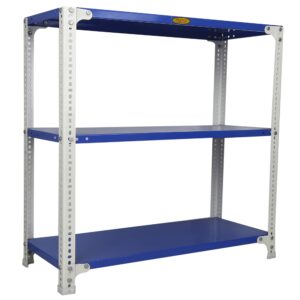 Mil-Nil Prime CRC Sheet 3 Shelf Multipurpose Slotted Angle Rack, 36 x 36 x 15 Inch, 20 Gauge [(Blue-White) Powder Coating] 14 Gauge Angles