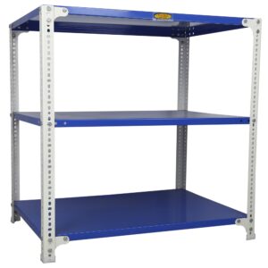 Mil-Nil Prime CRC Sheet 3 Shelf Multipurpose Slotted Angle Rack, 36 x 36 x 24 Inch, 22 Gauge [(Blue-White) Powder Coating] 16 Gauge Angles