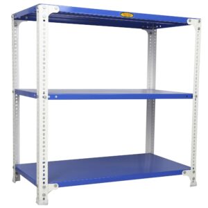 Mil-Nil Prime CRC Sheet 3 Shelf Multipurpose Slotted Angle Rack, 36 x 36 x 18 Inch, 18 Gauge [(Blue-White) Powder Coating] 14 Gauge Angles