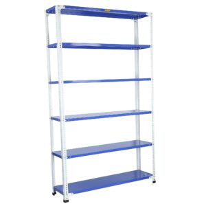 Mil-Nil Prime CRC Sheet 72X47X12 Inch Multipurpose Storage, Adjustable Shelf, Slotted Angle Rack with 6 Shelves 18 Gauge_Blue/White 14 Gauge Angles