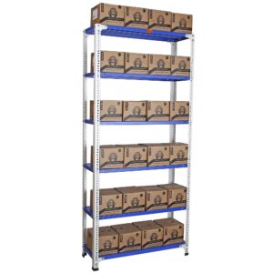 Mil-Nil Prime CRC Sheet 72X36X12 Inch Multipurpose Storage, Adjustable Shelf, Slotted Angle Rack with 6 Shelves 18 Gauge_Blue/White 14 Gauge Angles