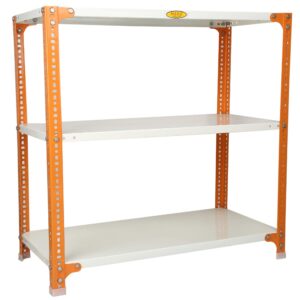 Mil-Nil Prime CRC Sheet 3 Shelf Multipurpose Slotted Angle Rack, 36 x 36 x 18 Inch, 18 Gauge [(Orange-Ivory) Powder Coating] 14 Gauge Angles